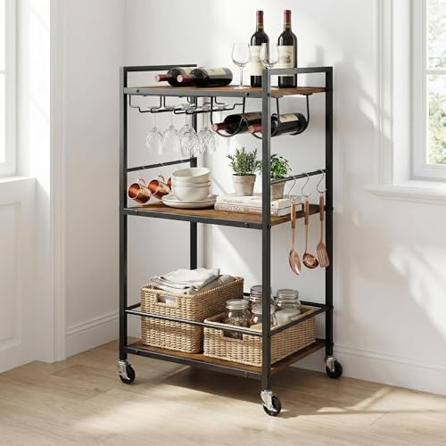 FurnitureR Carrello da bar a 3 livelli su ruote, carrello da cucina con portabottiglie e supporto per bicchieri, carrello mobile con ripiani portaoggetti, carrello industriale per bevande per bar di