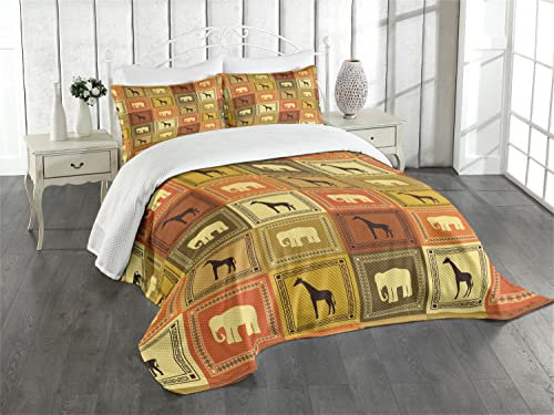 ABAKUHAUS Safari Tagesdecke Set, Afrikanische Tiere Muster, Set mit Kissenbezügen Klare Farben, für Doppelbetten 264 x 220 cm, Schwarz Braun