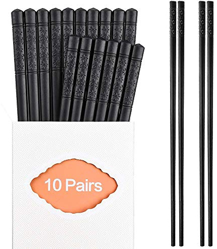 10 Pairs Fiberglass Chopsticks Family Set, ONEHERE Reusable Chinese, Japanese, Korean Chop sticks, Dishwasher Safe, Non-slip, for Sushi, Noodles, Food, Hotpot& Cooking, 9.5 inches, Classic Black