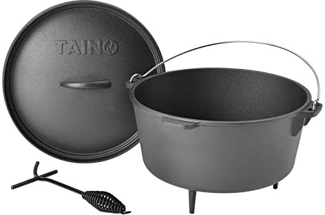 TAINO Dutch Oven 8L aus Gusseisen Ø 30cm Feuertopf Set Deckelheber Ständer Cast Iron Schmortopf mit Füßen Gusstopf ideales Grillzubehör Dopf