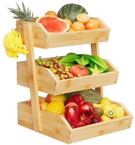 Bamboo 3 Tier Fruit Basket For Counter, Large Capacity Fruit Storage Countertop, Fruit Holder, Wooden Pantry Organizers and Storage, Kitchen Countertop Organizer With Two Banana Hangers (Bamboo)