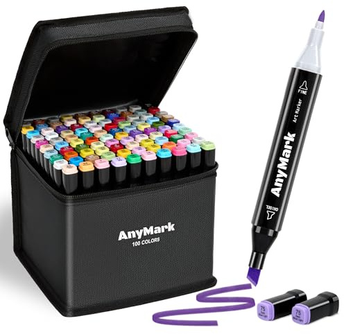 AnyMark Set di 100 Pennarelli ad Alcool, Doppia Punta Scalpello e Fine, Pennarelli Artistici a Base di Alcool per Disegno e Colorazione, Fusto Nero