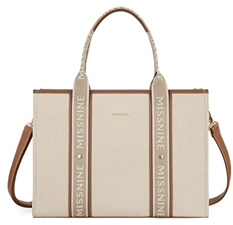 Missnine Bolsa de ordenador portátil de lona de 15,6 pulgadas maletín para mujer de gran capacidad bolsa de oficina escuela viajes, Marrón E Beige, Large
