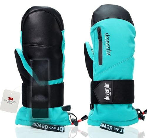 devembr Ski-Fäustlinge mit Handgelenkschützern, Warme Snowboard-Fäustlinge, Wasserdicht, Blaugrün, S