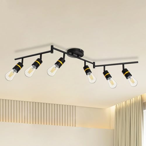 HiBay 6 Way Spot Light Fittings Black, Rotatable LED Ceiling Lights, E27 Modern Ceilings Spotlight Spotbars for Kitchen Living Room Bedroom Hallway (No Bulbs)