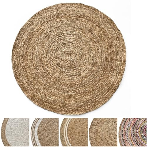 KARAT Jutematta, rund 150 cm Ø hobbymatta av 100 % naturfiber – flätad boho jutematta, handvävd naturmatta för kök och vardagsrum, robust och slitstark (surat)