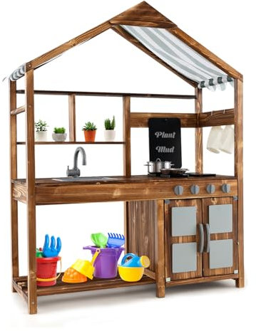 DREAMADE Cuisine Extérieur pour Enfants 3-7 Ans, Cuisine de Jeu en Cèdre avec Auvent, Tableau Noir, Poêles, Evier Amovible et Accessoires de Cuisine