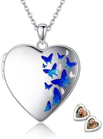 SHEAISRS Collar con medallón de fotos en forma de corazón con mariposas personalizadas para mujer, collar con colgante de medallón grabado personalizado, Plata esterlina, No es una piedra preciosa
