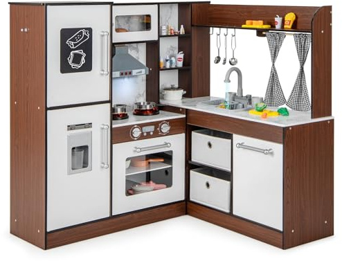 GOPLUS Cuisine d'angle pour Enfants 3+ Ans, Jouet de Cuisine en Bois avec Hotte Eclairée et Poêles Sonores, Système de Circulation d'eau, Machine à Glaçons, pour Garçons et Filles (Marron)