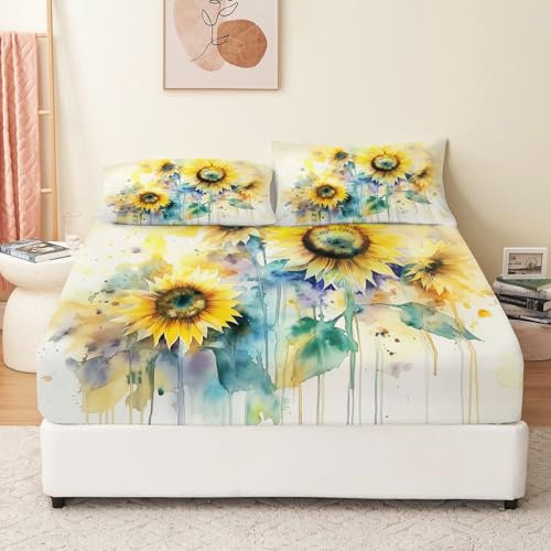 Sonnenblumen-Aquarell Spannbetttuch Weiche Mikrofaser Boxspringbett Bettlaken geeignet für Matratzen von 30cm Gelb Bettwäsche-Sets für Kinder Teenager Kommt mit 2 Kissenbezügen 180 x 200 cm