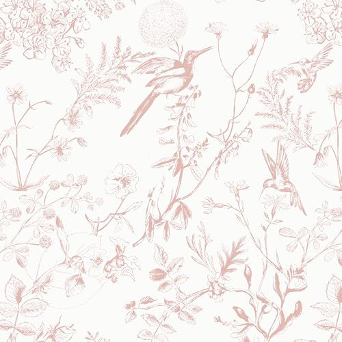 Timeet Selbstklebende Tapete Rosa und weiß 44x300cm Selbstklebend Blumentapete Vintage Vögel Möbelfolie Vinyl Klebetapete für Wohnzimmer Schlafzimmer Küche Wand Möbel