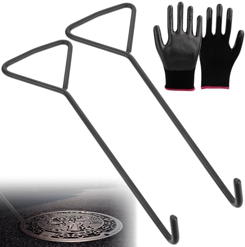 Lot de 2 crochets de 25 cm pour couvercle d'égout avec gants, couvercle de regard avec poignée triangulaire, lève-couvercle de regard et crochets pour couvercle d'égout, portes de volets roulants