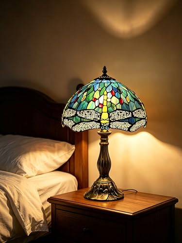 Five liters Tiffany Style Table Lamp, 12-Inch Stained Glass Shade, Handcrafted Dragonfly Pattern, Vintage Art Deco Desk Lamp, Bronze Resin Base, E27 LED Bulb Included, Home Decor Gift