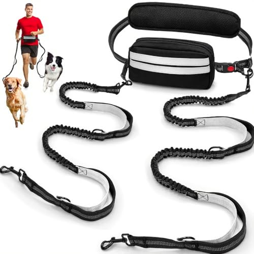 Godyoy Hands Free Dog Leash for 2 Dogs with Safety Lock and Extra-Thick Waist Belt, Waist Leash for Dog Walking Running, Double Retractable Dog Leashes for Two Dogs with Double Padded Handles, Black