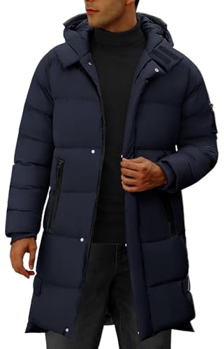 Yuson Girl Winter Jackets for Men Lightweight Thermal Puffer Jacket with Hood Water Repellent Men's Winter Coat Windproof Thickened Jacket Coat Long Zipper Parka Coat for Outdoor Casual(Navy, L)
