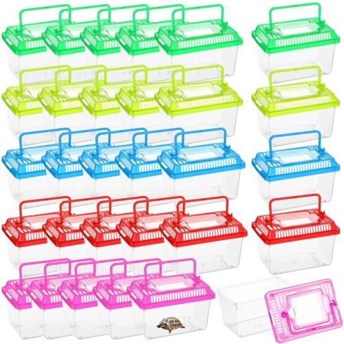 30 PCS Plastic Reptile Terrarium Carrier Cage, Portable Transparent Aquarium Box with Slotted Ventilation Holes for Turtle, Snake, Spider, Breeding, Hatching, Fish, 5 Colors Lid, 5 x 3.4 x 3.4 in