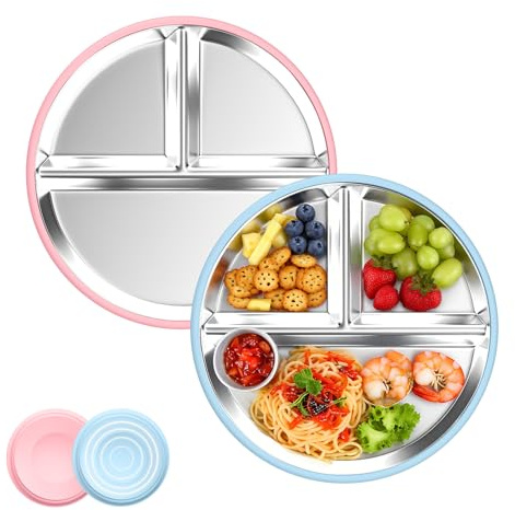 Ayciep Babytallrik i rostfritt stål med sugkopp, 2 stycken barntallrikar i silikon med ny 1 stor sugkopp, tallrik i rostfritt stål för spädbarn, BPA-fri, halkfri, avtagbart silikonskydd, barntallrik