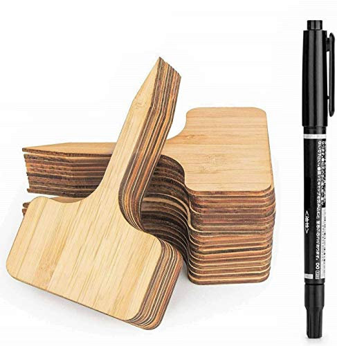LATERN 50Pcs Bamboo Plant Labels, 10 x 6 cm T-Type Wooden Plant Sign Tags Eco-Friendly Garden Markers for Seed Potted Herbs Flowers Vegetables - with A Marker Pen