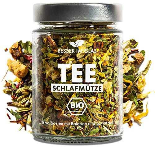 Besser im Glas Loser Bio Baldrian Tee „Schlafmütze“ | 55 Gramm Enstpannungstee ohne Beutel | Rooibos Tee lose & vegan | Tee Geschenk Beruhigungstee Lavendel | Gute Nacht Tee ohne Zucker