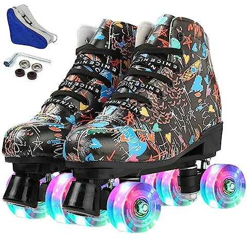 Silvertree Roller Skates for Women and Men PU Leather High-top Adult Roller Derby Skate Wheels Light Up Roller Skate Four-Wheel Shiny Roller Skates for Girls Boys Unisex