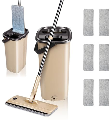 Masthome Wischmopp Set mit Eimer, Mikrofaser Bodenwischer Set mit Einstellbar Edelstahlgriff, 6 Mopp Pads, Platzsparend, Abwassertrennung, Putzeimer mit Wischmop für Alle Bodentypen-Braun