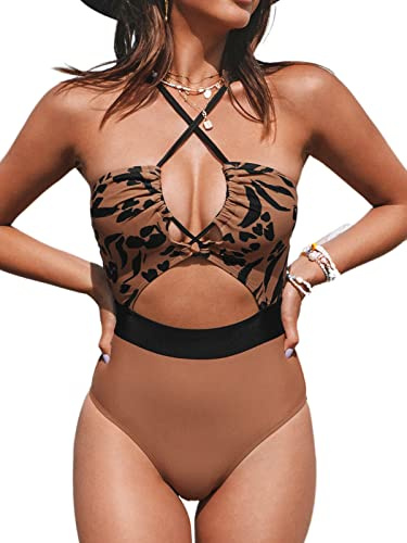 CUPSHE Damen Badeanzug Neckholder Schnürung Monokini Tierdruck Cutout Crossover Einteilige Bademode Swimsuit Braun M