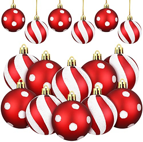 Jetec 12 Pcs Red and White Christmas Balls Ornaments for Tree 2.4 Inch Peppermint Candy Cane Polka Dot Stripes Xmas Bulbs Ornament Shatterproof Bauble Christmas Decorations for Tree Home Wreath Party