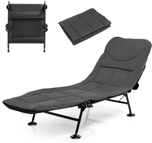 GOPLUS Lit de Camping Pliable avec Dossier Réglable, Lit de Camp Portable avec Matelas Amovible et Oreiller Confortable, Chaise Longue Inclinable, pour Maison, Randonnée, Charge de 200 KG, Gris