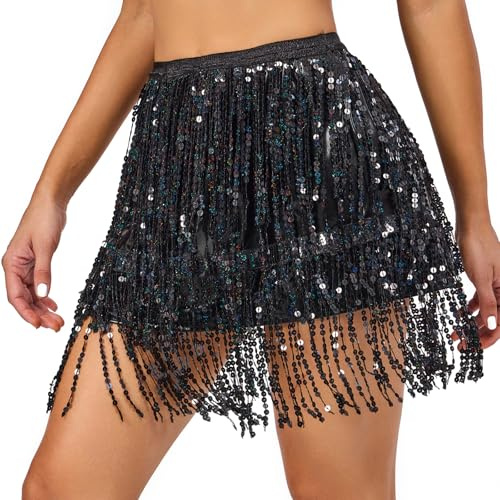 PLIKSUVER Falda de lentejuelas para mujer, con borlas, falda con purpurina, danza del vientre, falda de cadera, carnaval, flecos, falda envolvente con purpurina, Negro , L