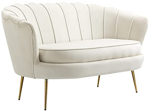 HOMCOM Canapé 2 Places en Tissu Velours, Petit canapé, en Forme de Coquillage, avec Coussin épais de 10 cm, canapé, Structure en métal, Pieds dorés effilés, Facile à Assembler, crème