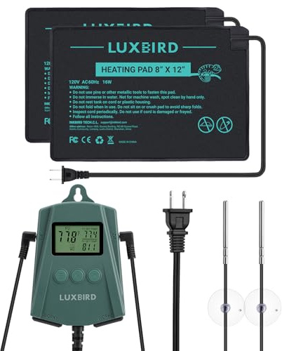 Luxbird Reptile Heating Pad 8x12 Inch with Dual Output Reptile Thermostat LB-2SC Combo Set Under Tank Terrarium Heating Mat for Turtles, Lizards, Frogs, and Other Reptiles