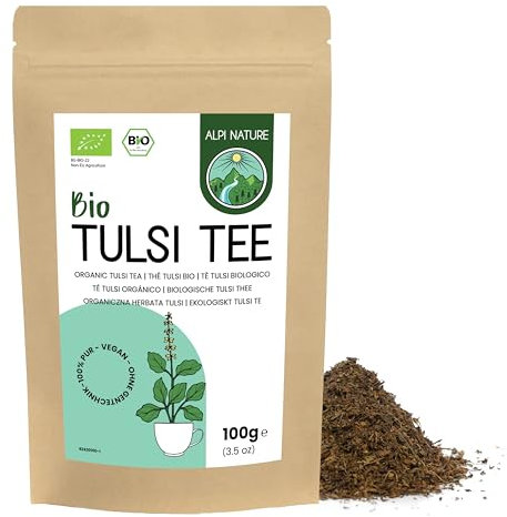 Alpi Nature Tulsi Thé BIO 100g, Basilic Sacré Séché et Frotté, Feuilles de Tulsi, Thé en Vrac