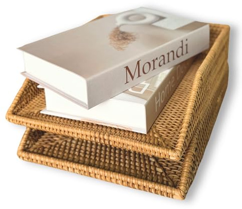 GaiaMade Set of 2 Rattan Desk Letter Trays - Decorative Paper Organizer, Aesthetic Wicker Tray, 14 L x 10.5 W x 3.5 H, Made in Vietnam
