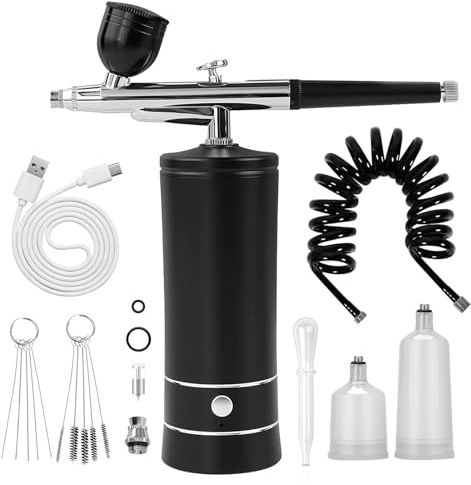 Kit de aerógrafo con compresor de aire para uñas, cepillo de aire inalámbrico para peluquería, arte de uñas, decoración de pasteles, maquillaje, pintura de modelo (negro, con tubo de extensión)