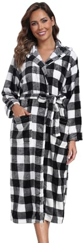 Bata de baño de felpa con capucha para mujer, de forro polar cálido, suave, largo y mullido, para ducha, spa, casa, kimono para mujer, Cuadros Negros, XXL/3XL