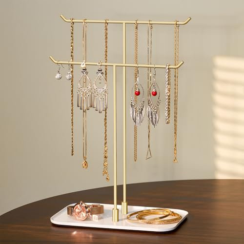 Josmimic Présentoir à bijoux, Porte-bijoux, Plateau à bijoux, Rangement pour colliers, bracelets, boucles d'oreilles, bagues, Idée cadeau, Doré