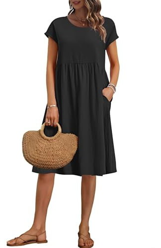 AUSELILY Women's Summer Short Sleeve Knee-Length Dresses Round Neck Loose Dress with Pockets Black XL