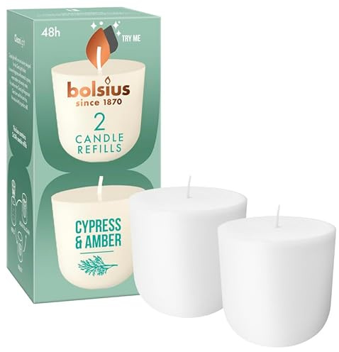 bolsius, CleanLight Laddning, Cypress och bärnsten, refill doftljus, 2 stycken, brinntid 24 timmar, innehåller naturligt grönsaksvax, hållbart koncept
