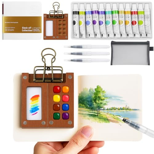 Zouboto Portable Mini Acrylic Paint Set Travel & 8 Grids Wooden Paint Palette with Metal Clip,Pocket Mini Acrylic Travel Set with Sketchbook & Water Pen,Gift for Painters and Artists