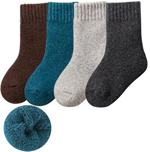 Himcus 4 Pairs Kids Boys Thermal Merino Wool Socks Toddler Winter Warm Calf Solid Socks(Iron Grey Dark Grey Chestnut Blue,M,3-5 Years)