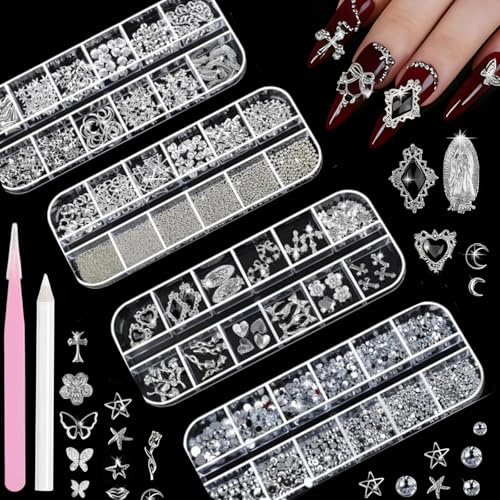 4 scatole Set 3D definitivo per nail art con strass 3D argento/oro, polvere cromo e gel adesivo solido, accessori professionali per manicure per unghie in acrilico