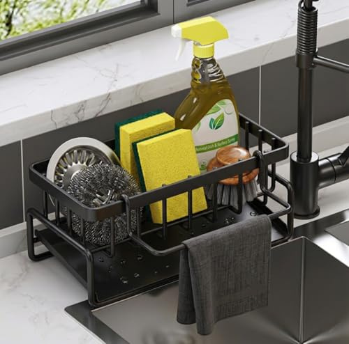 BYM Organizador de Fregadero de Cocina Negro, Acero al Carbono 23x9x10 cm con Bandeja de Drenaje Autodrenante, Soporte para Esponja, Cepillos y Paños, Accesorio Multifuncional para Cocina y Baño