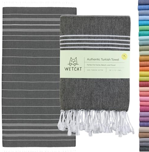 WETCAT Turkish Beach Towel Oversized (38x71) 100% Turkish Cotton, Made in Turkey - Sand Free, Extra Large, Ultra Soft, Quick Drying, Compact & Lightweight for Travel - Black