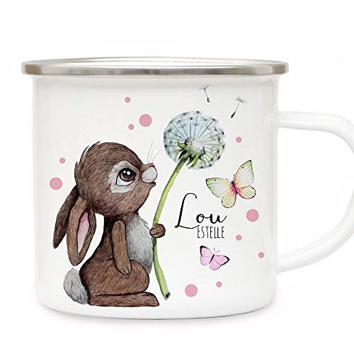 Emaille Becher Camping Tasse Motiv Hase Häschen Pusteblume Schmetterlinge rosa Punkte & Wunschname Name Kaffeetasse Geschenk eb490 - ausgewählte Farbe: *silberner Becherrand*
