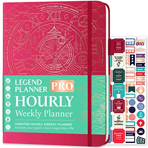Legend Planner PRO Hourly Schedule, Weekly Daily Time Slots A4 Hot Pink | 21x29cm Undated, Hardcover, Stickers, Monthly calendars, To-do list, Habit tracker, Professional work schedule organizer