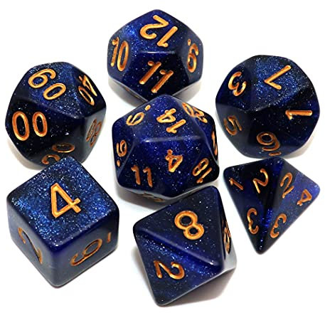 DND-Würfel-Set, polyedrische Würfel, für Dungeon and Dragons, D&D, Rollenspiele, mit Würfelbeutel, 7-teilig, im Nebula-Design mit Dunkelblau und Schwarztöne