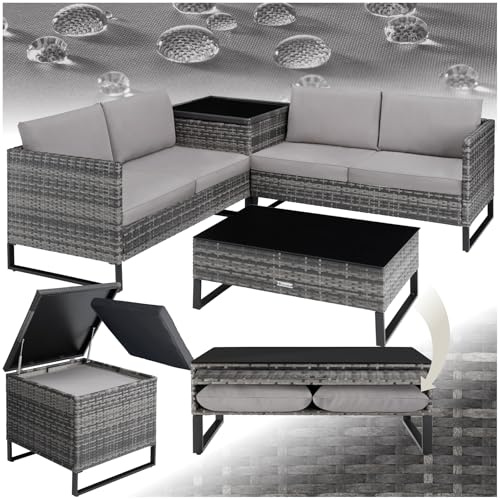 tectake® Ensemble Salon de Jardin Exterieur Modulable en Rotin, Canape Exterieur 4 personnes, Table basse avec Plateau en Verre, Coffre de rangement, Coussins Inclus, Salon de Jardin, Balcon, Terrasse