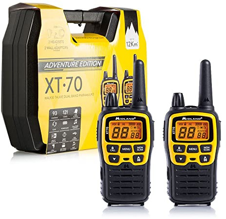 Midland - Adventure Premium Case Walkie Talkies XT70 2 Headset, Full Optional Valibox, Long Range Walkie Talkies Adults with 69 LPD, 24 PMR446 Channels, 12 km Communication Range, 18h Battery, Yellow