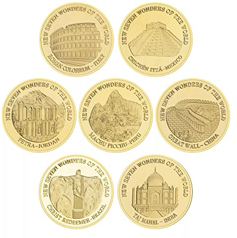 Bemvp Monedas Conmemorativas 7pcs Siete Maravillas De Monedas Coleccionables Medallón Conmemorativo Chapado En Oro con Caja De Protección para Colección De Arte Regalo