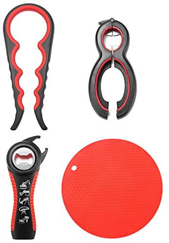 QWORK® 4PCS Bottle Opener Kit, 6 in 1 Jar Opener, Bottle Opener with 5 in 1, 4-in-1 Jar Opener and Non Slip Rubber Pad for Opening Jar Lids, Bottle Caps